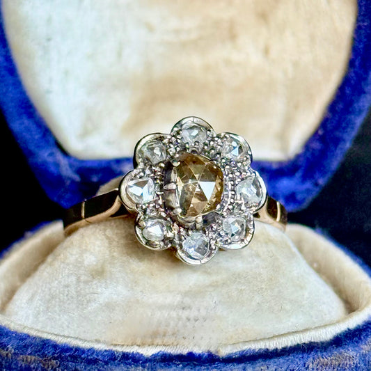 Antique Rose Cut Cluster Ring in 14 Carat Gold; Circa 1880