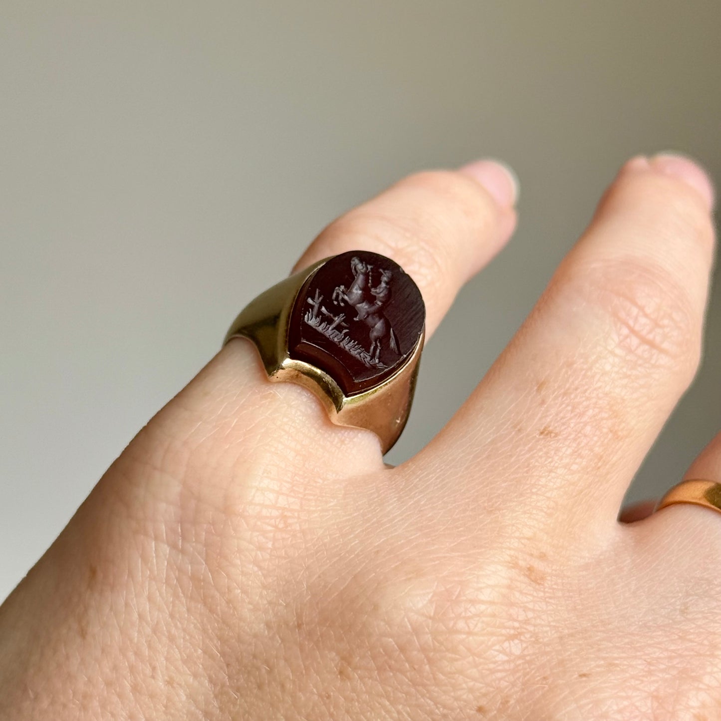 Antique Horseshoe Carnelian Signet Ring in 9 Carat Gold; Circa 1890