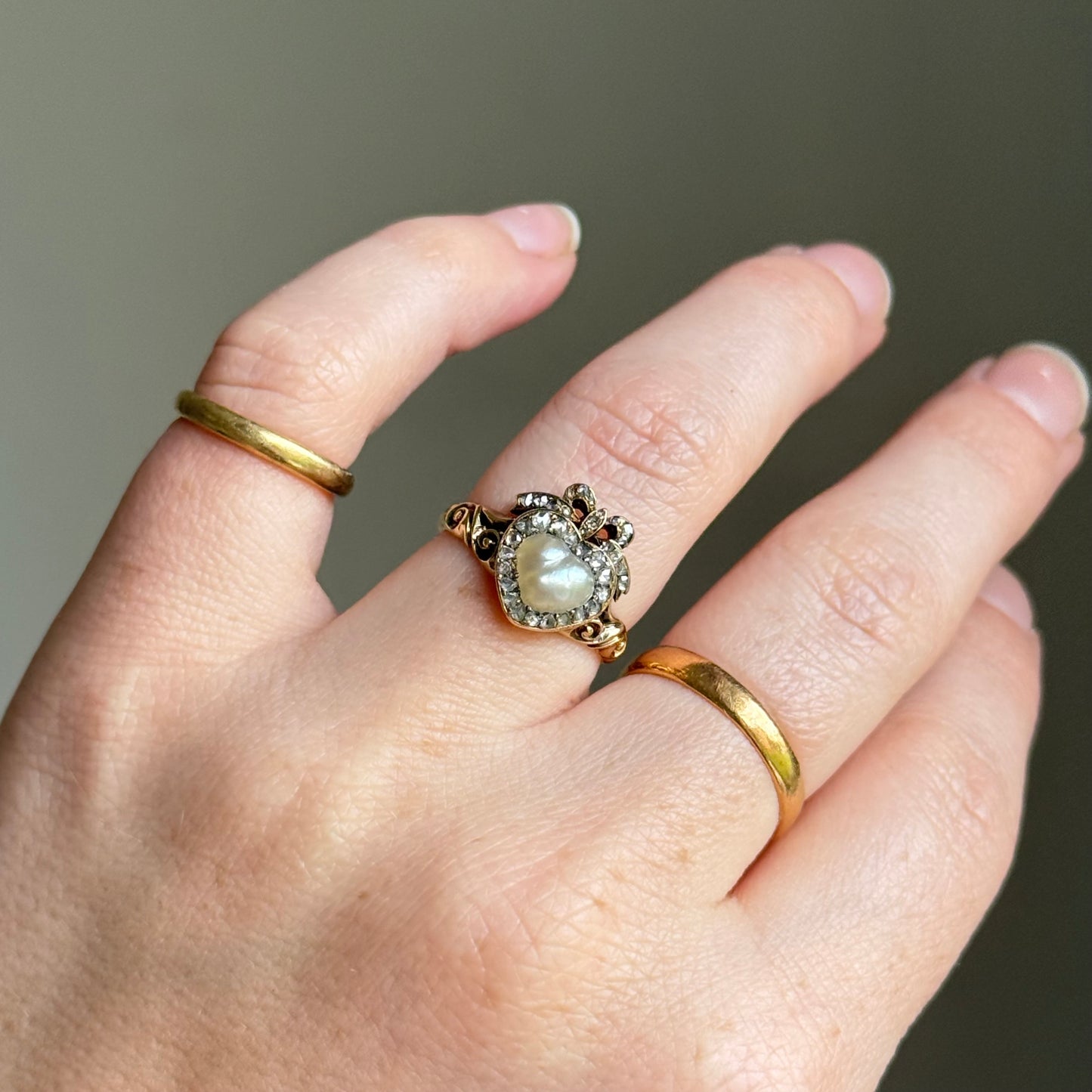 Antique Boxed Georgian Pearl & Diamond Ring in 18 Carat Gold; Circa 1800