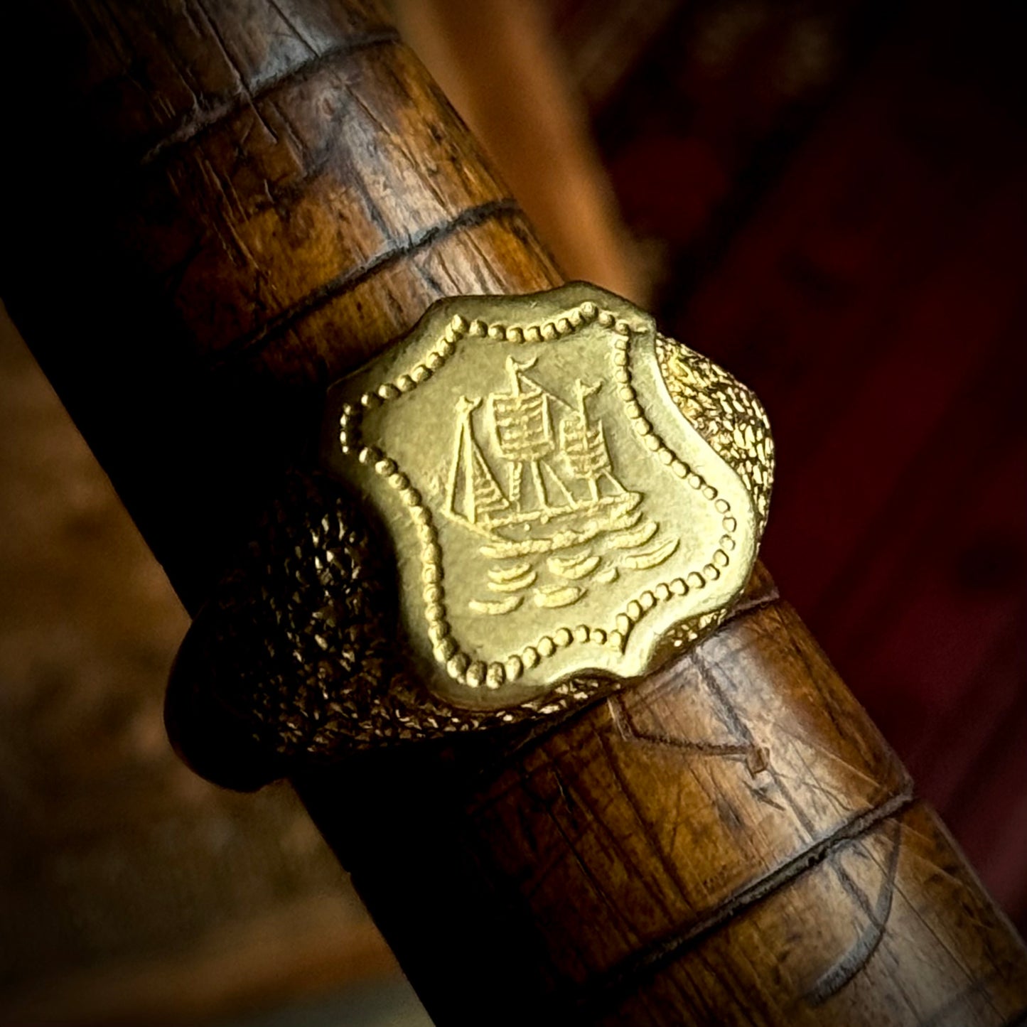 Victorian Heavy Nautical Ship Intaglio Signet ring; Circa 1885