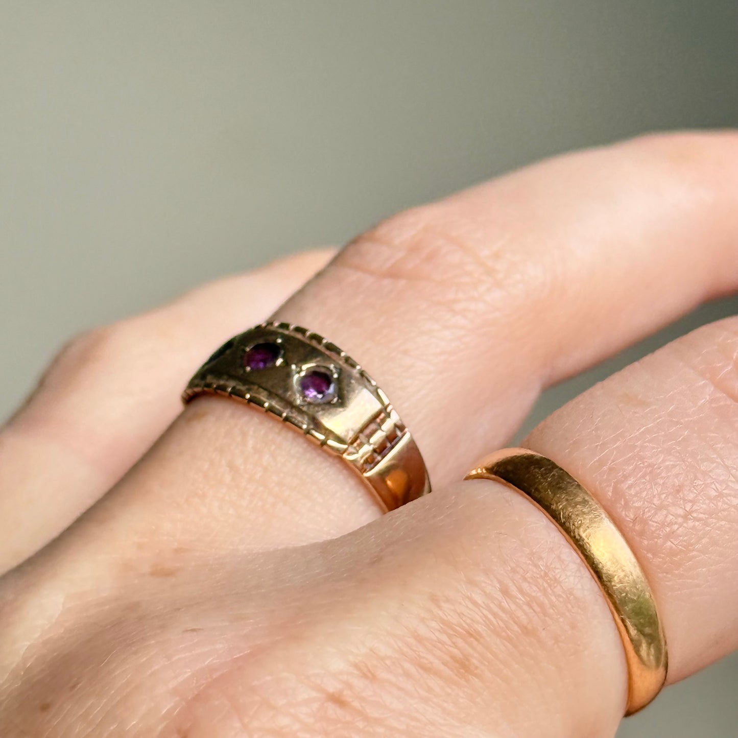 Victorian Amethyst Trilogy Ring in 9 Carat Gold; Circa 1896
