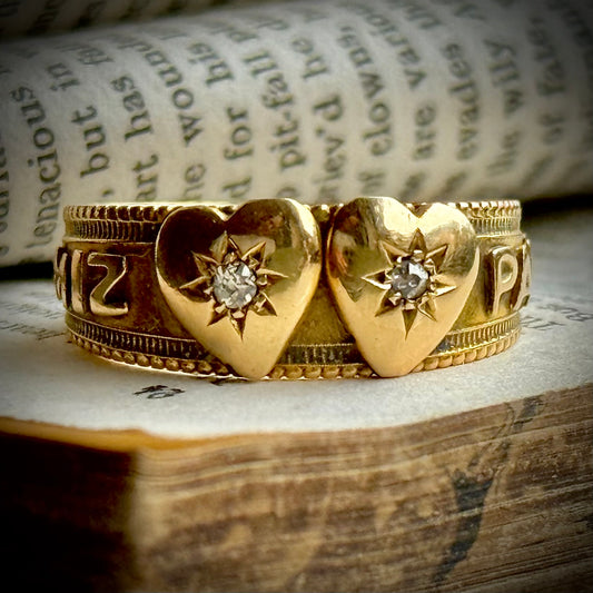 Victorian Double Heart Diamond Mizpah Ring in 18 Carat gold; Circa 1890