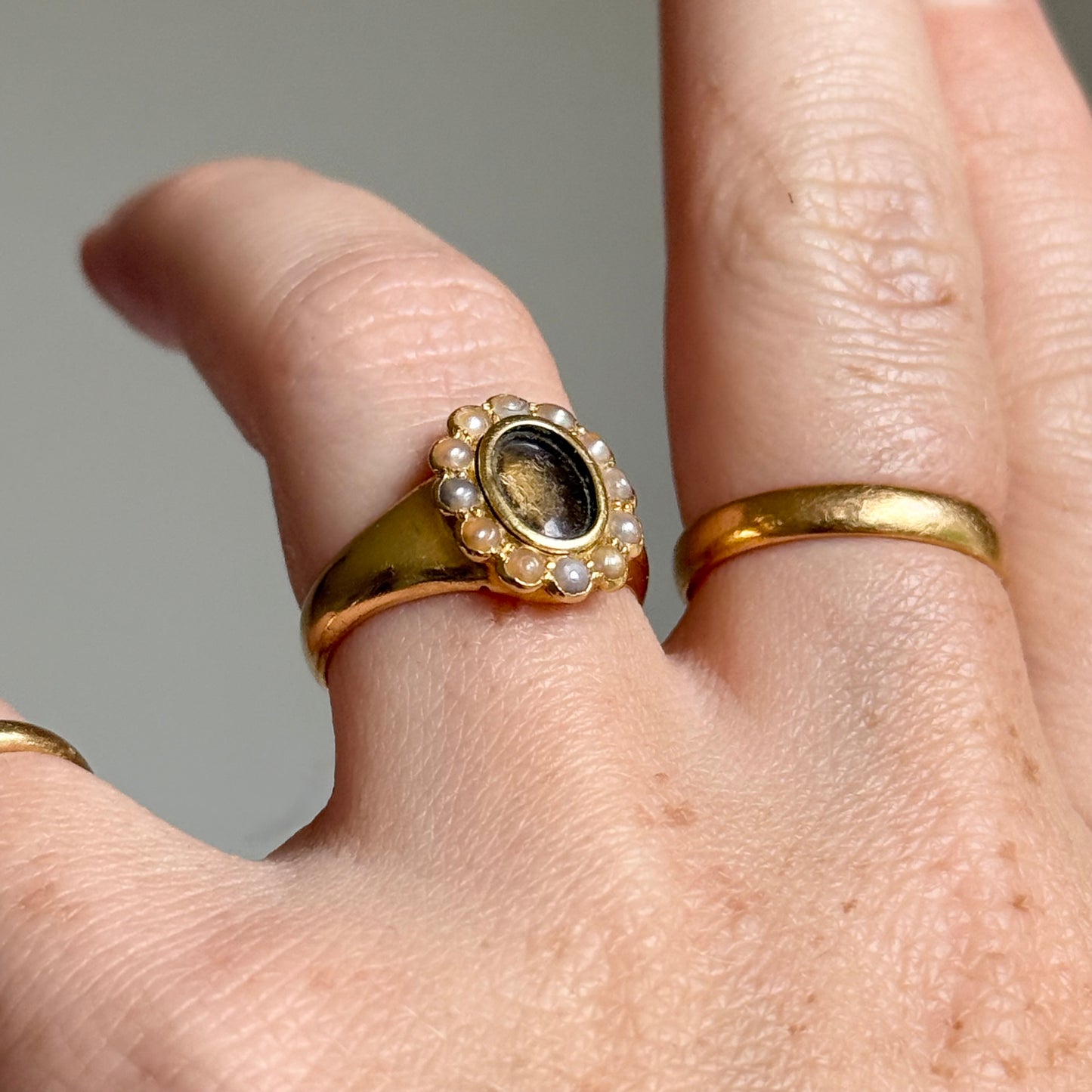 Antique Pearl Locket Ring in 18 Carat Gold; Circa 1917