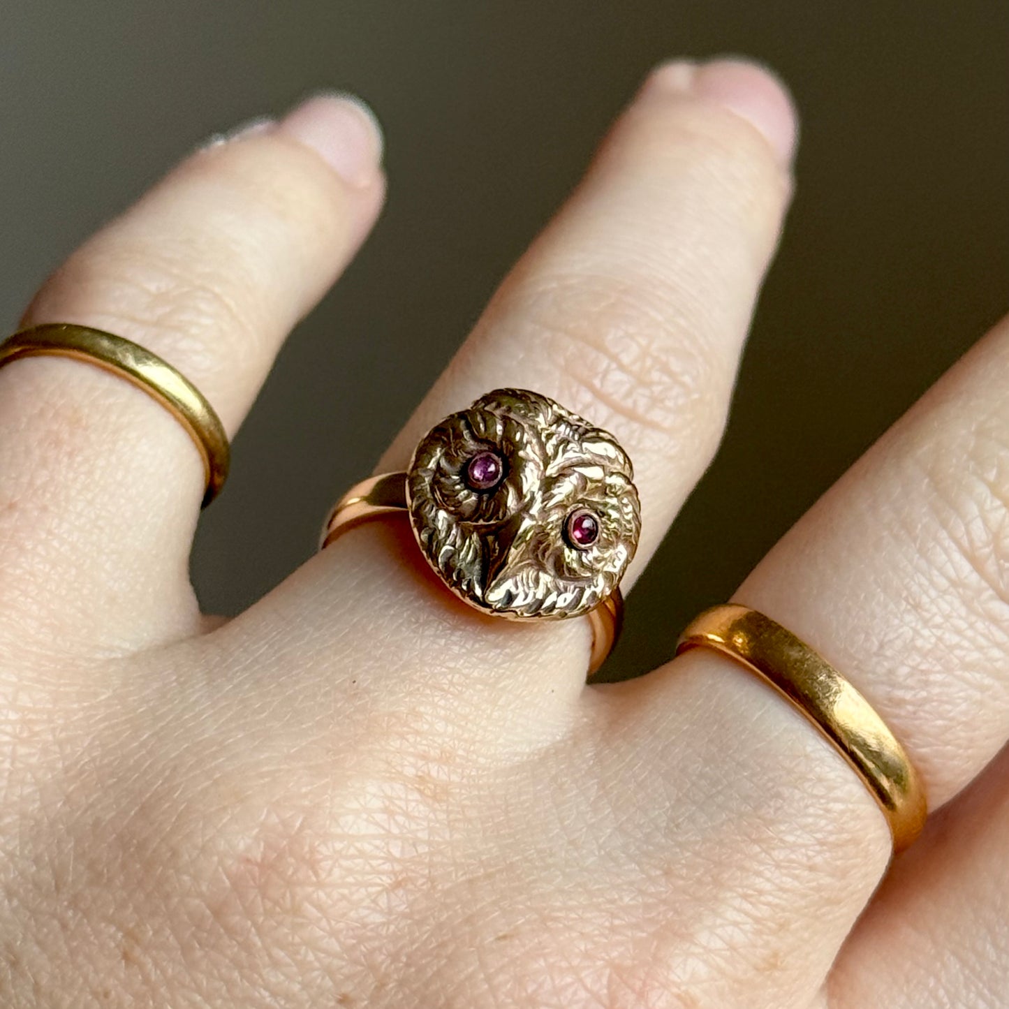 Antique Ruby Eyed Owl Ring in 9 Carat Gold