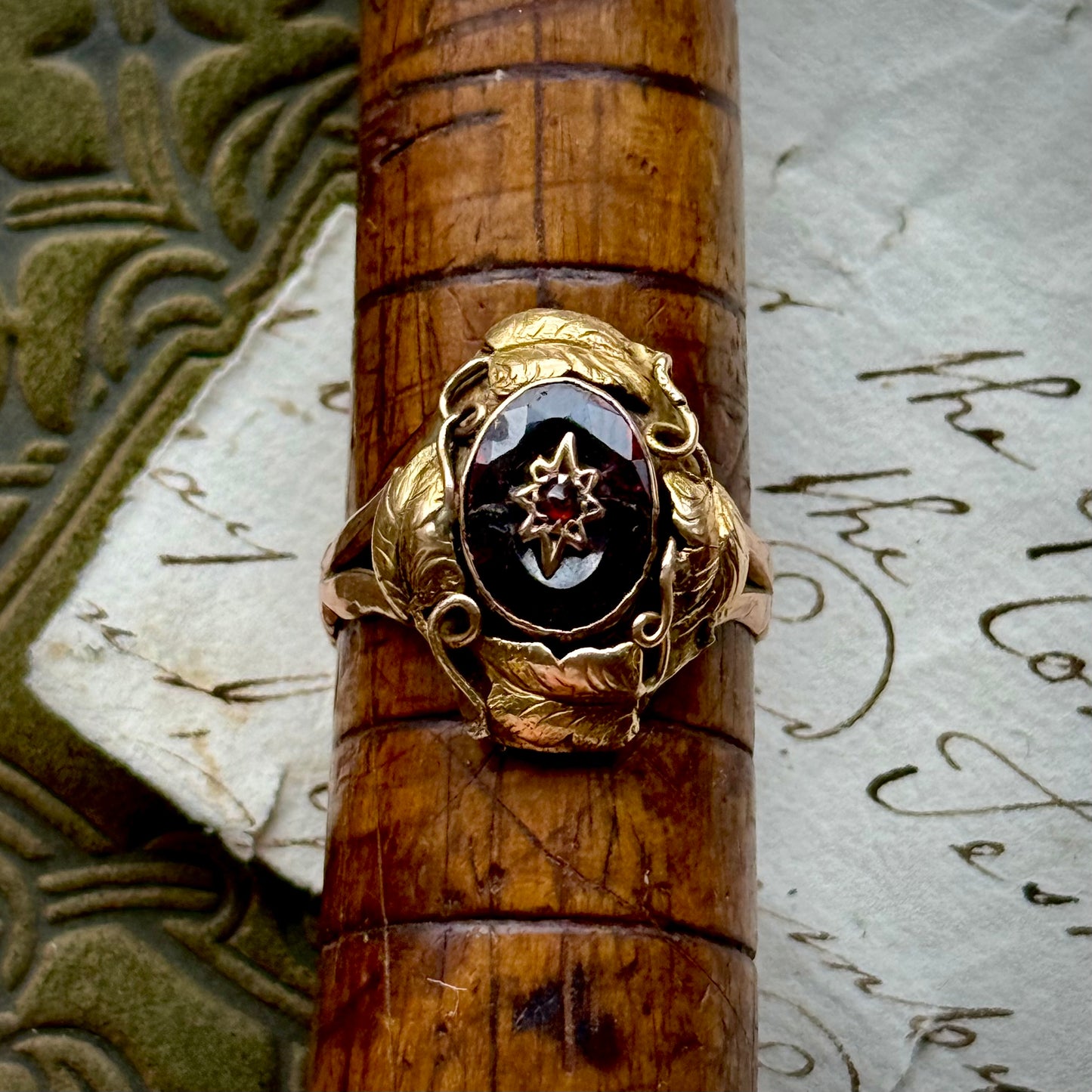 Antique Victorian Floral Garnet Ring in 9 Carat Gold; Circa 1880