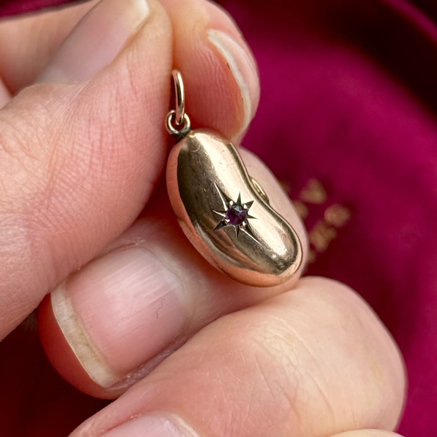 Victorian Lucky Ruby Kidney Bean Pendant 9 Carat Gold; Circa 1860