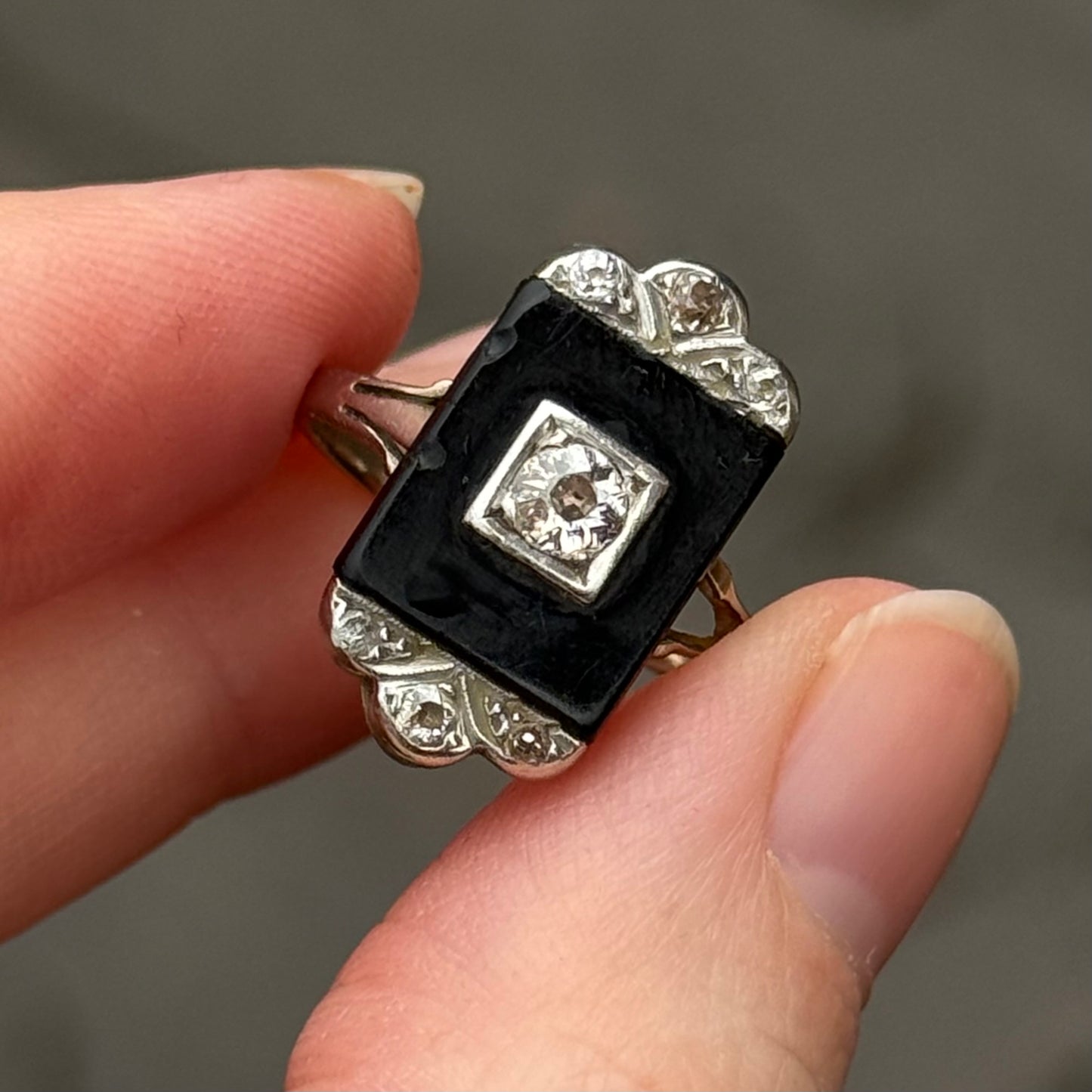 Antique Art Deco Onyx & Diamond Ring; Circa 1920