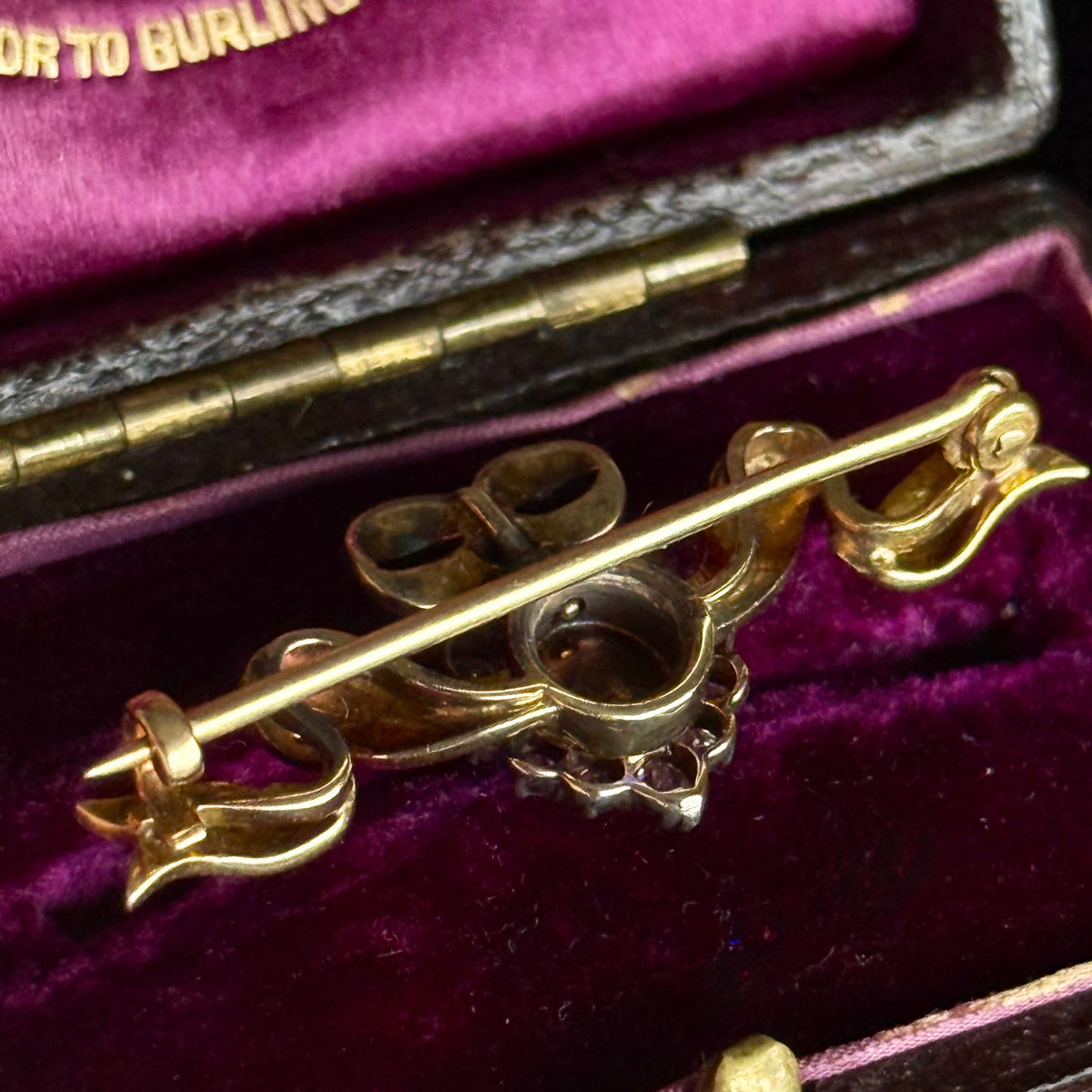 Victorian Boxed Enamel, Pearl & Diamond Brooch in 15 Carat Gold; Circa 1890