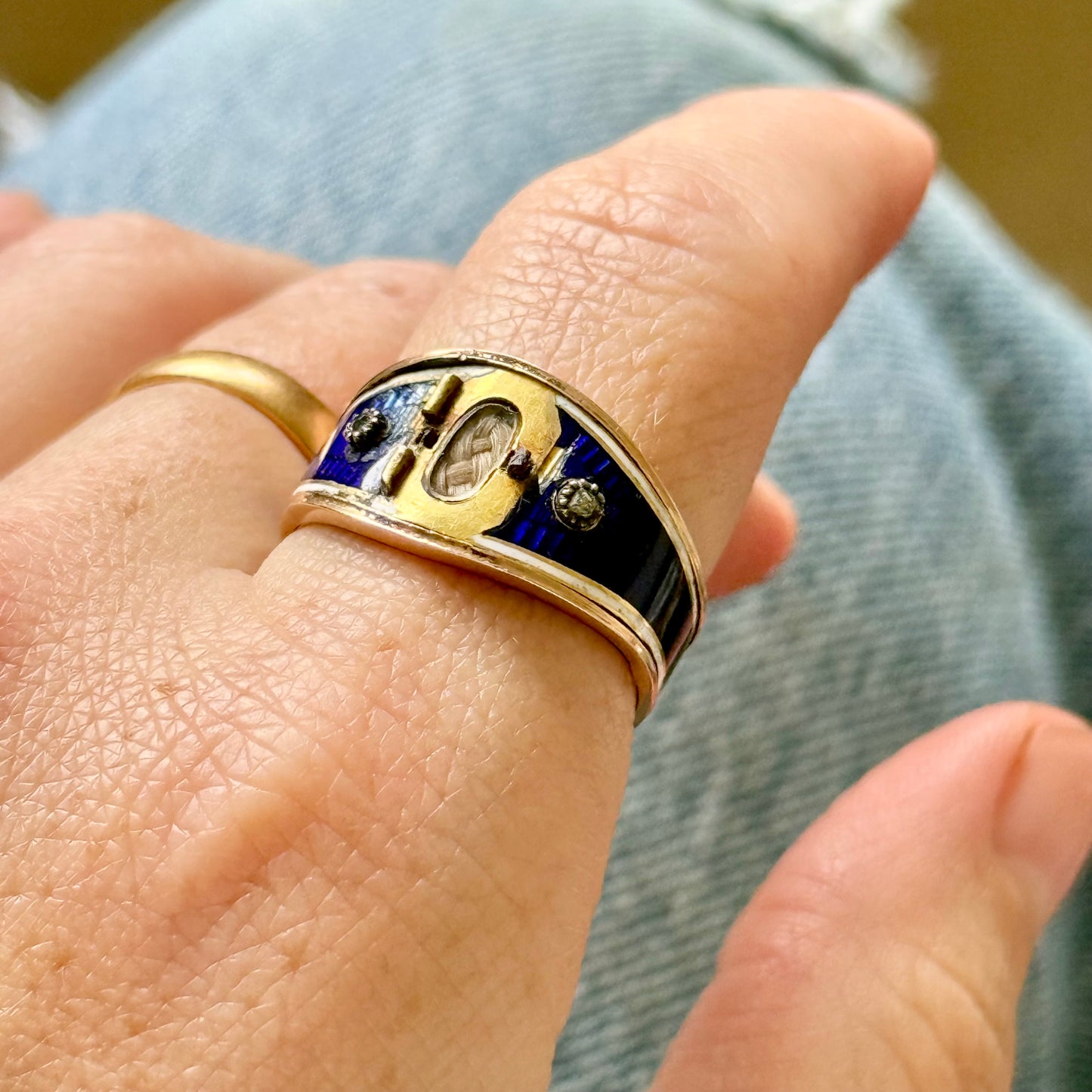 Antique Diamond & Enamel Locket Ring in 15 Carat Gold; Circa 1837