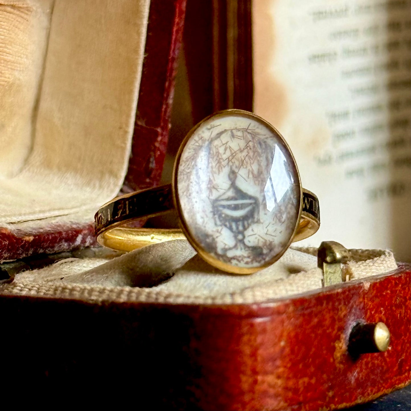 Georgian Enamel & Hair Mourning Ring in 15 Carat Gold; Circa 1781