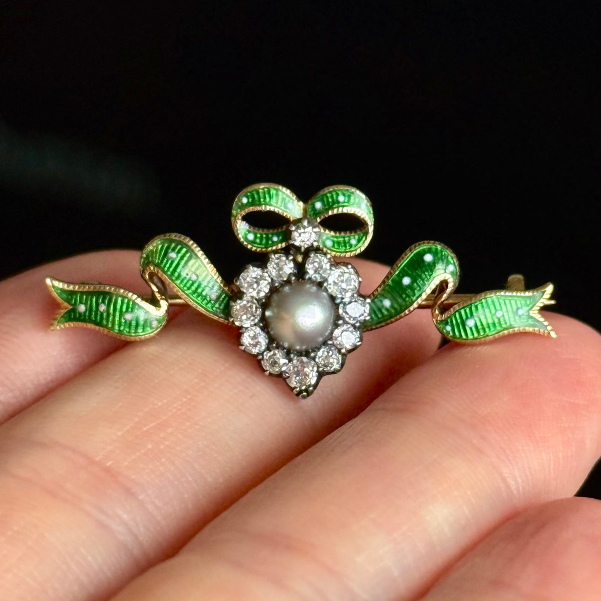 Victorian Boxed Enamel, Pearl & Diamond Brooch in 15 Carat Gold; Circa 1890