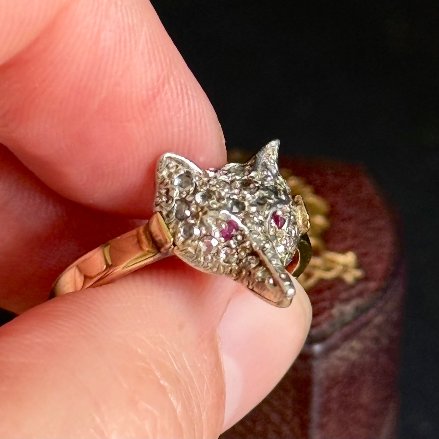 Victorian Style Rose Cut Diamond & Ruby Fox Ring in 9 Carat Gold
