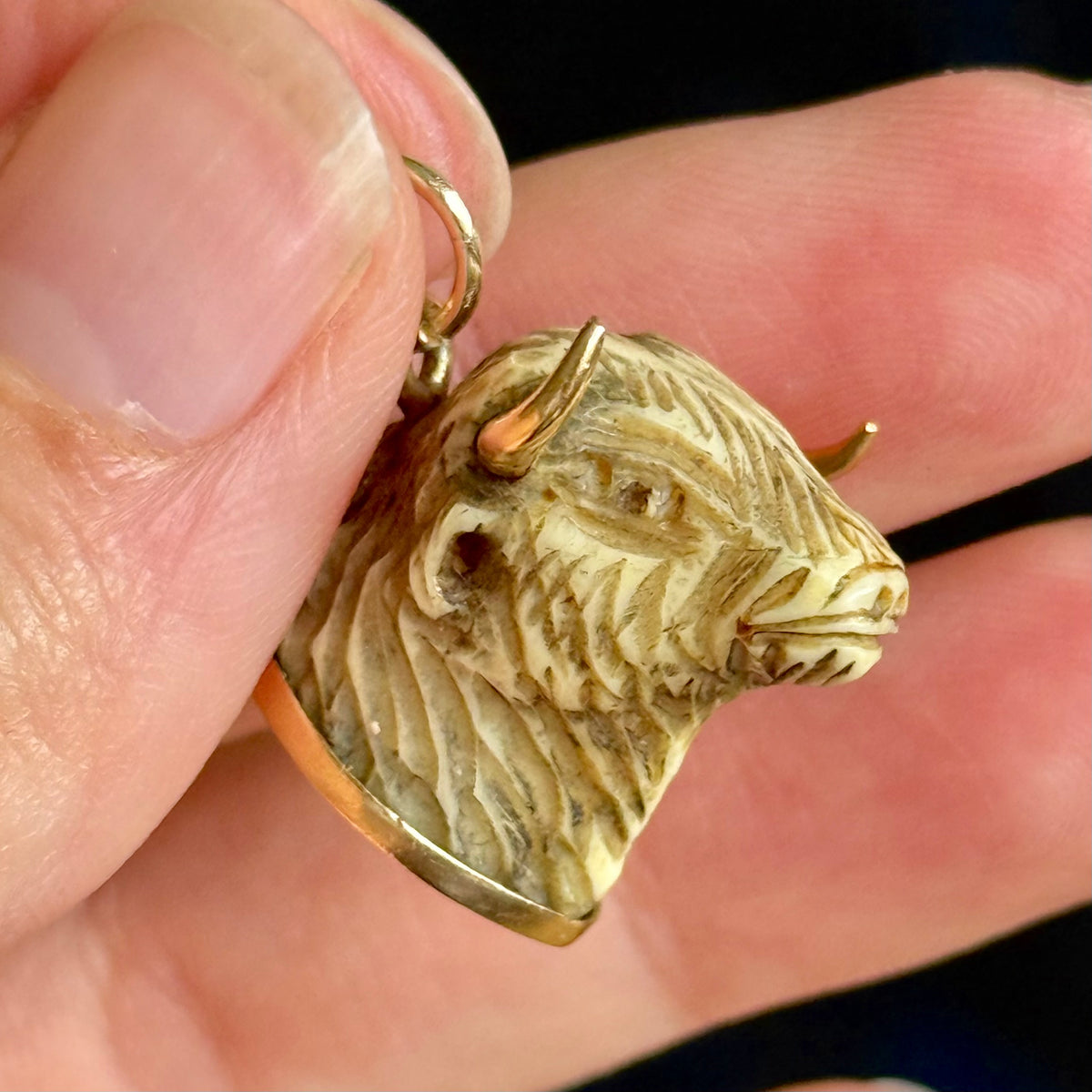 Antique Bull Pendant in Bone & 9 Carat Gold; Circa 1880