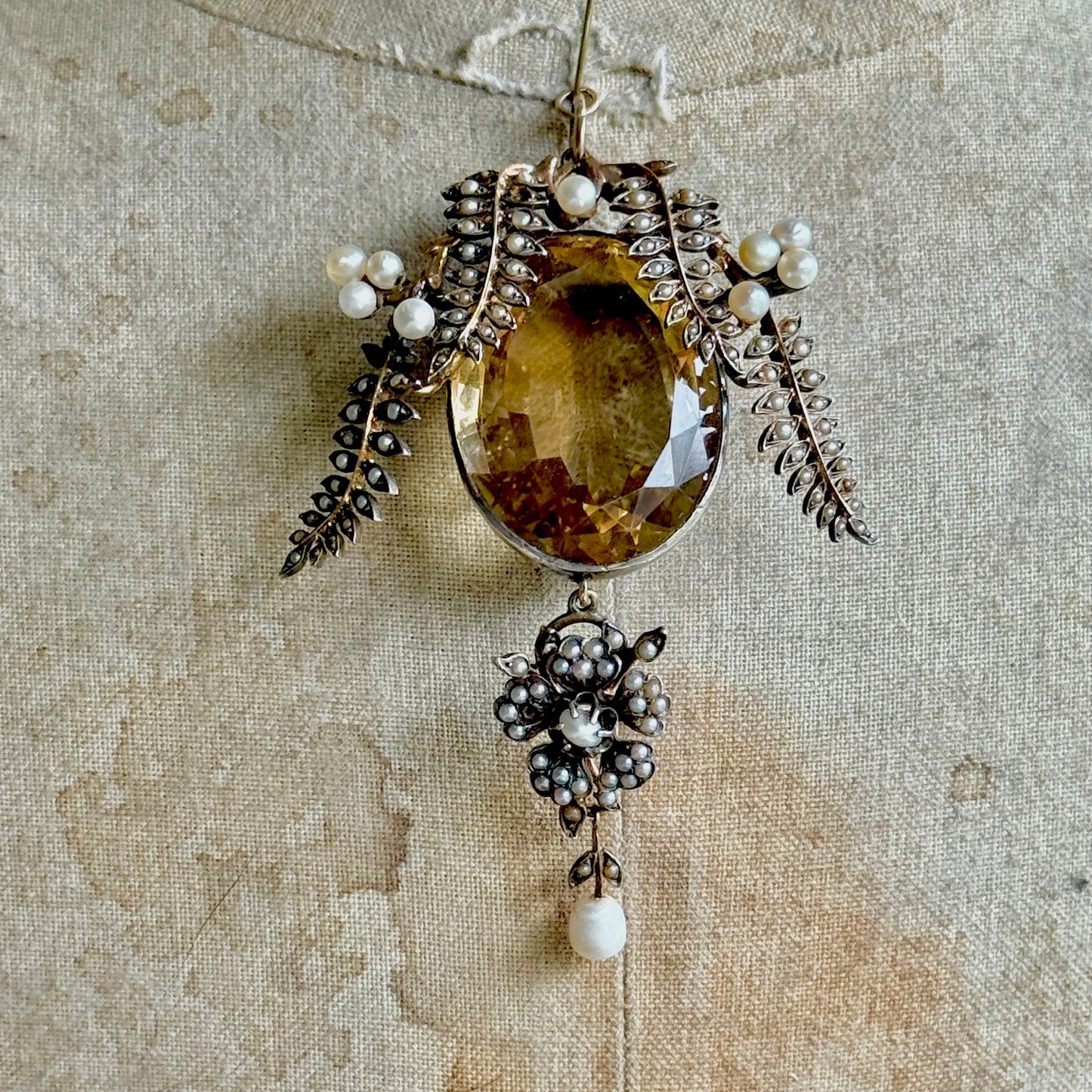 Antique Citrine & Pearl Pendant in Silver & Gold