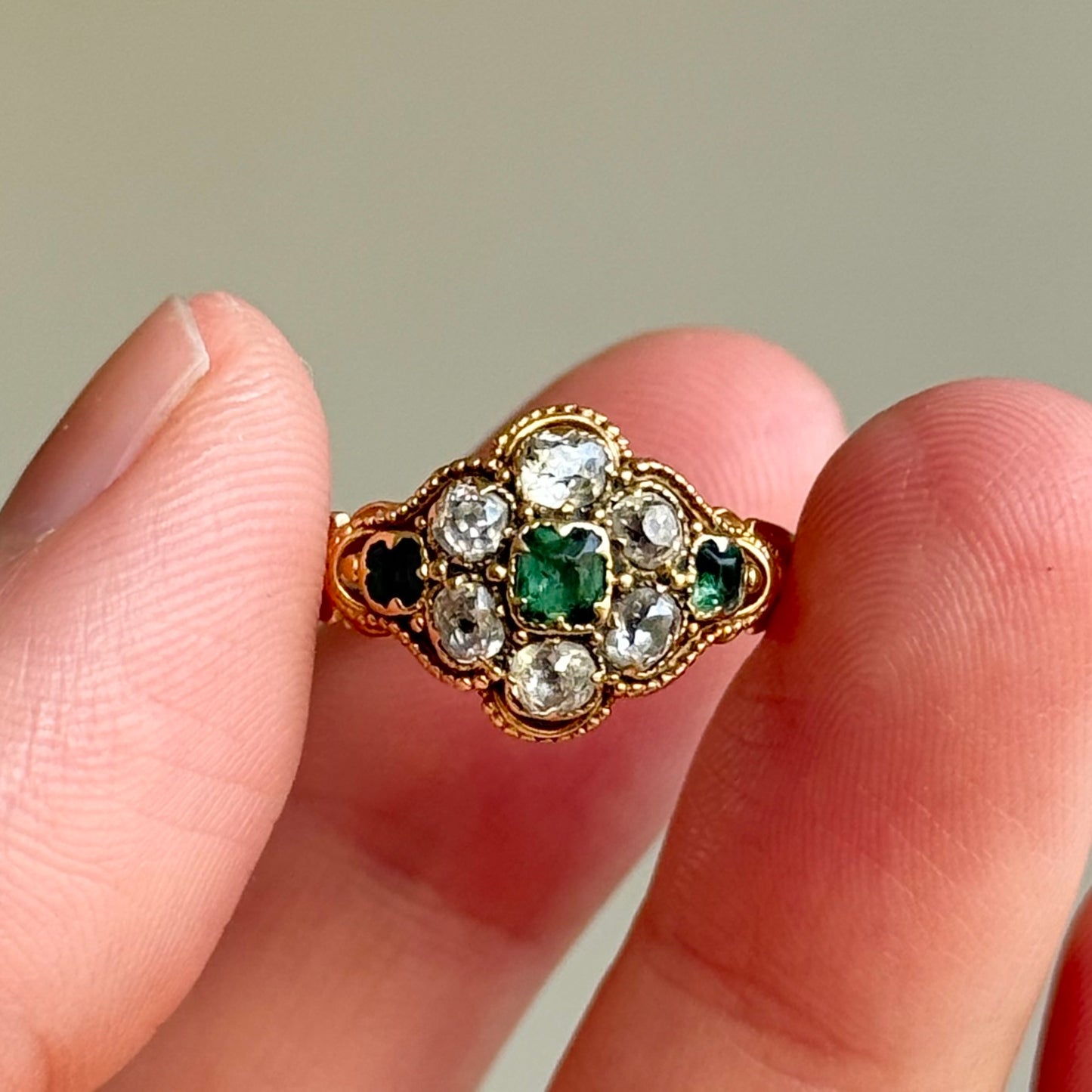 Victorian Emerald & Diamond Ring in 18 Carat Gold; Circa 1870