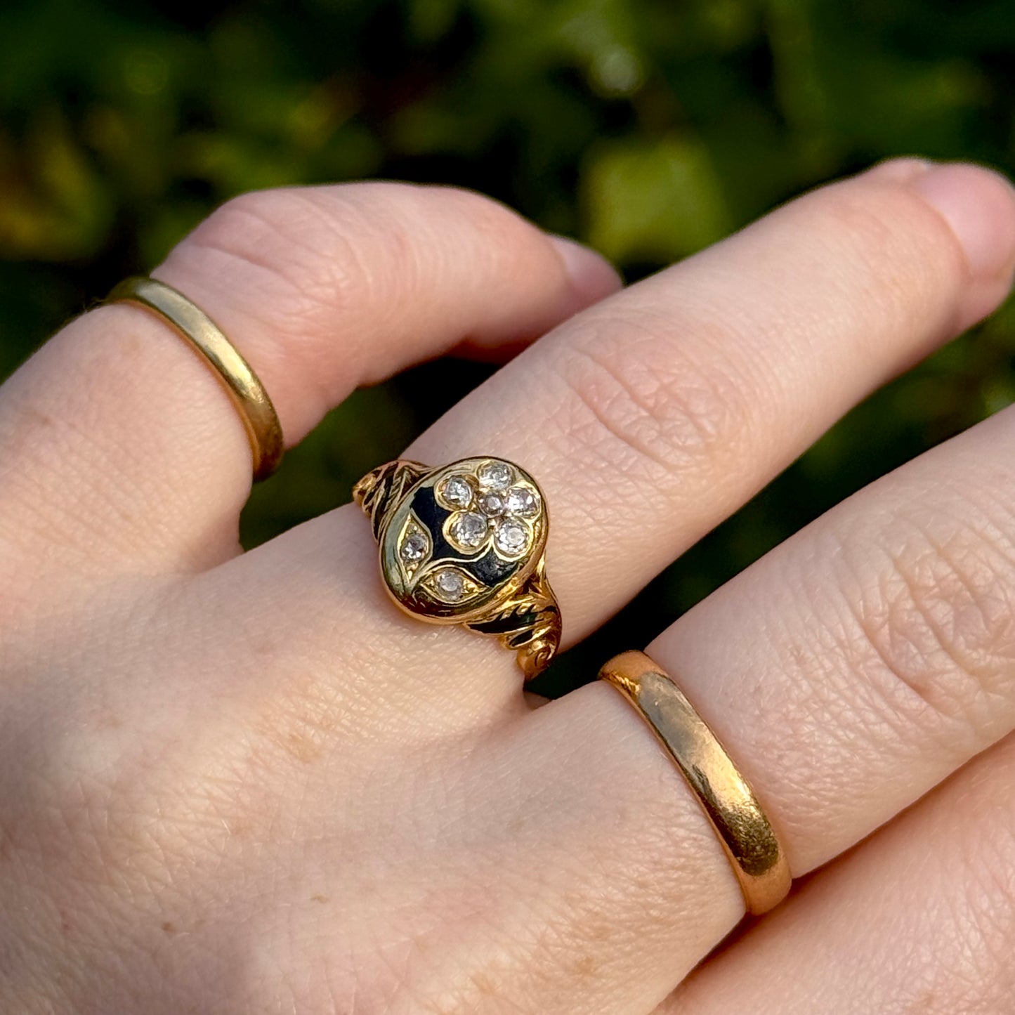 Antique Victorian Diamond Mourning Ring in 18 Carat Gold; Circa 1863