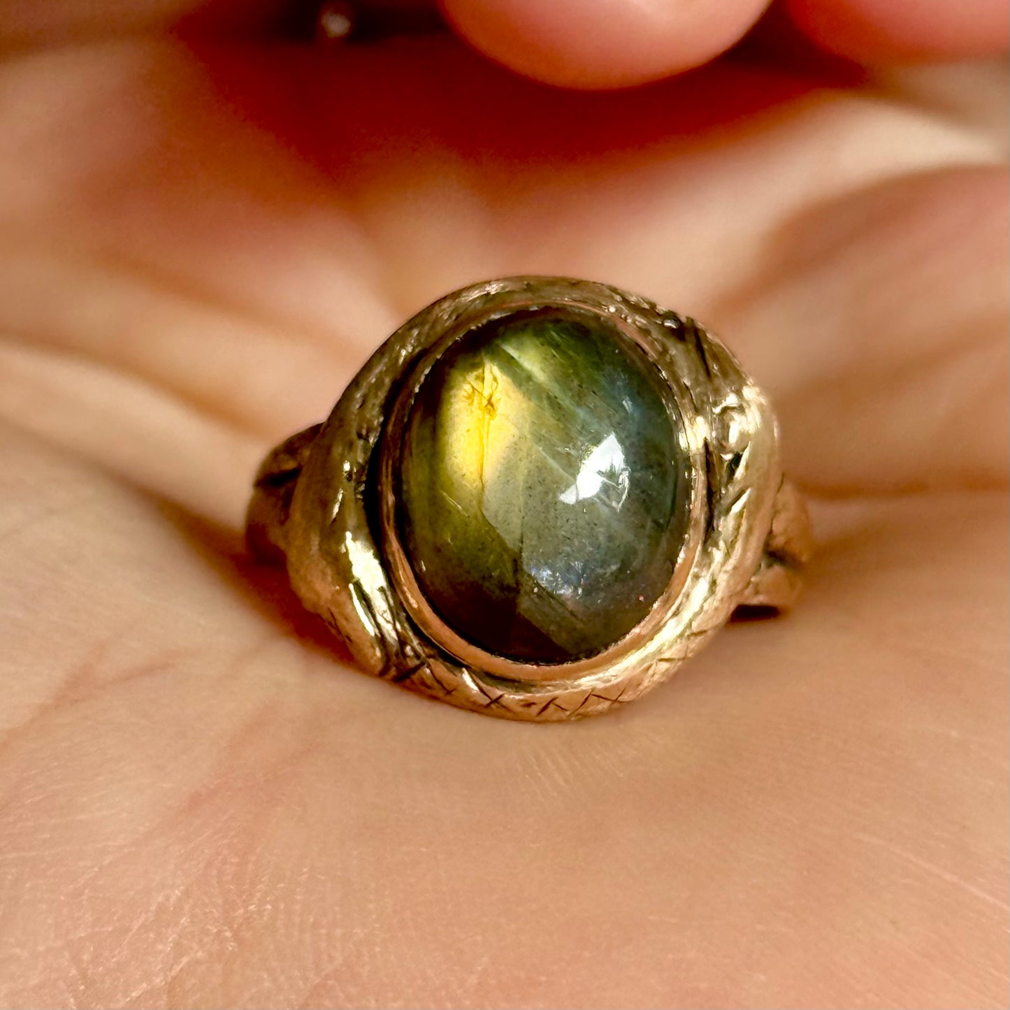 Victorian Laborite Snake Ring in 15 Carat Rose Gold; Circa 1876