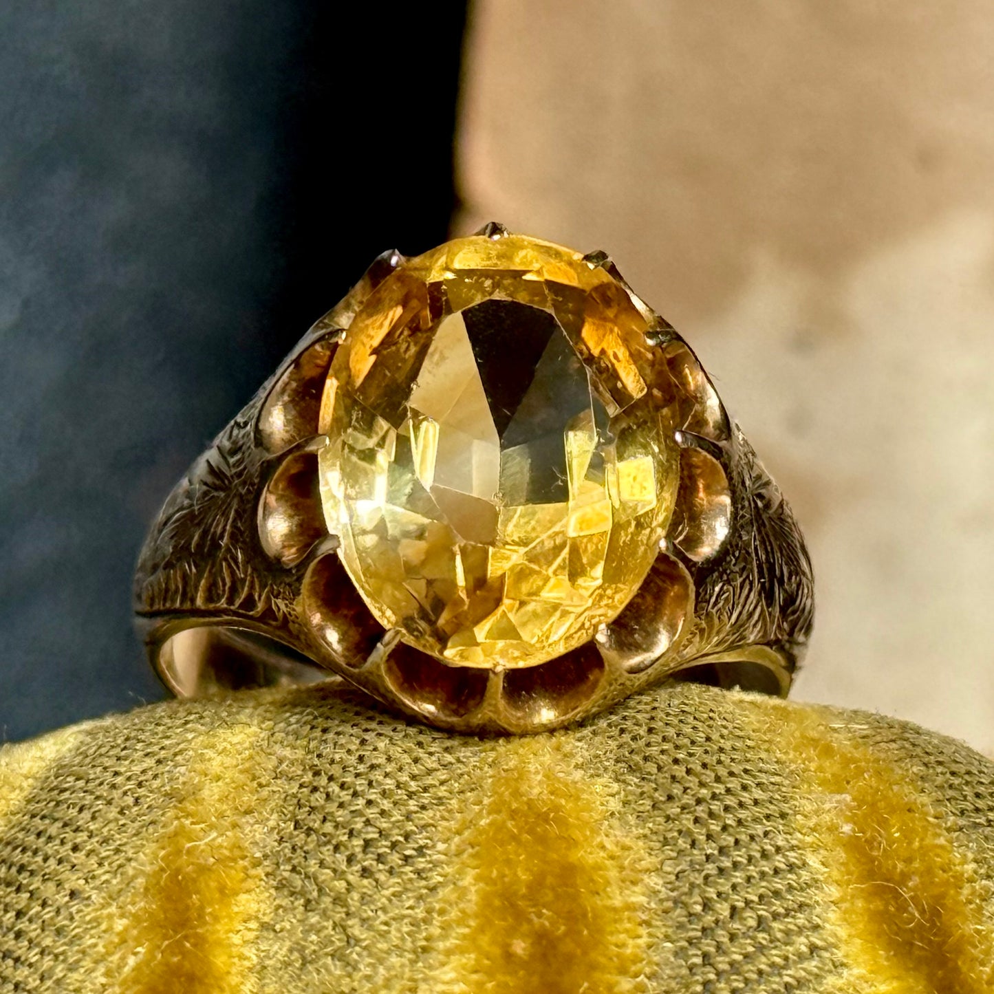 Victorian Citrine Engraved Ring in 9 Carat Gold ; Circa 1900