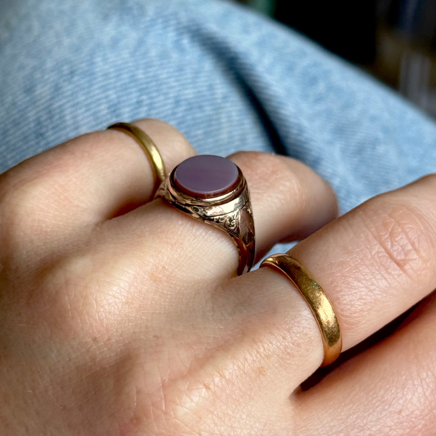 Antique Poison Sardonyx Signet Ring  in 10 Carat Gold; Circa 1870