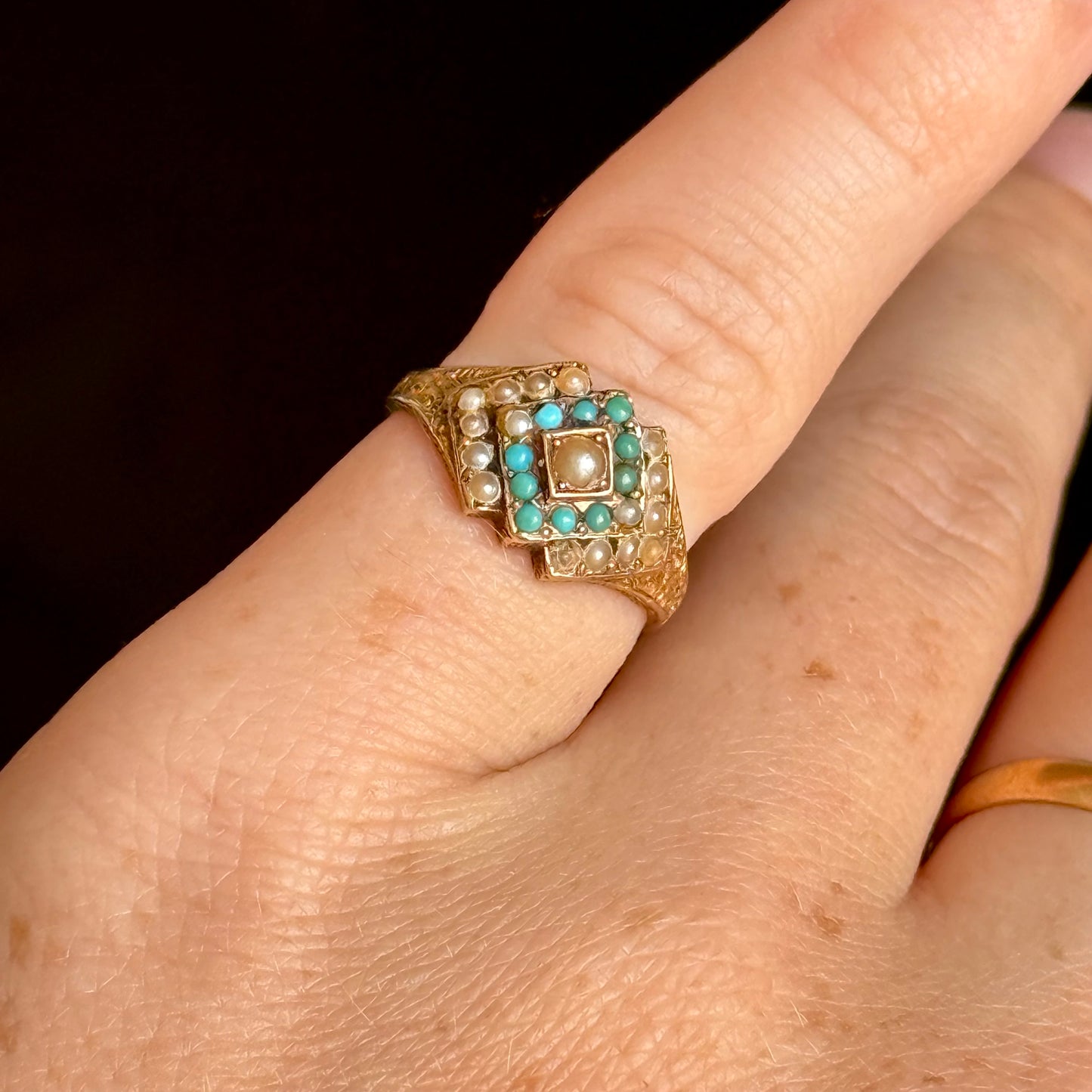 Antique Victorian Peal & Turquoise Ring in 15 Carat Gold; Circa 1870
