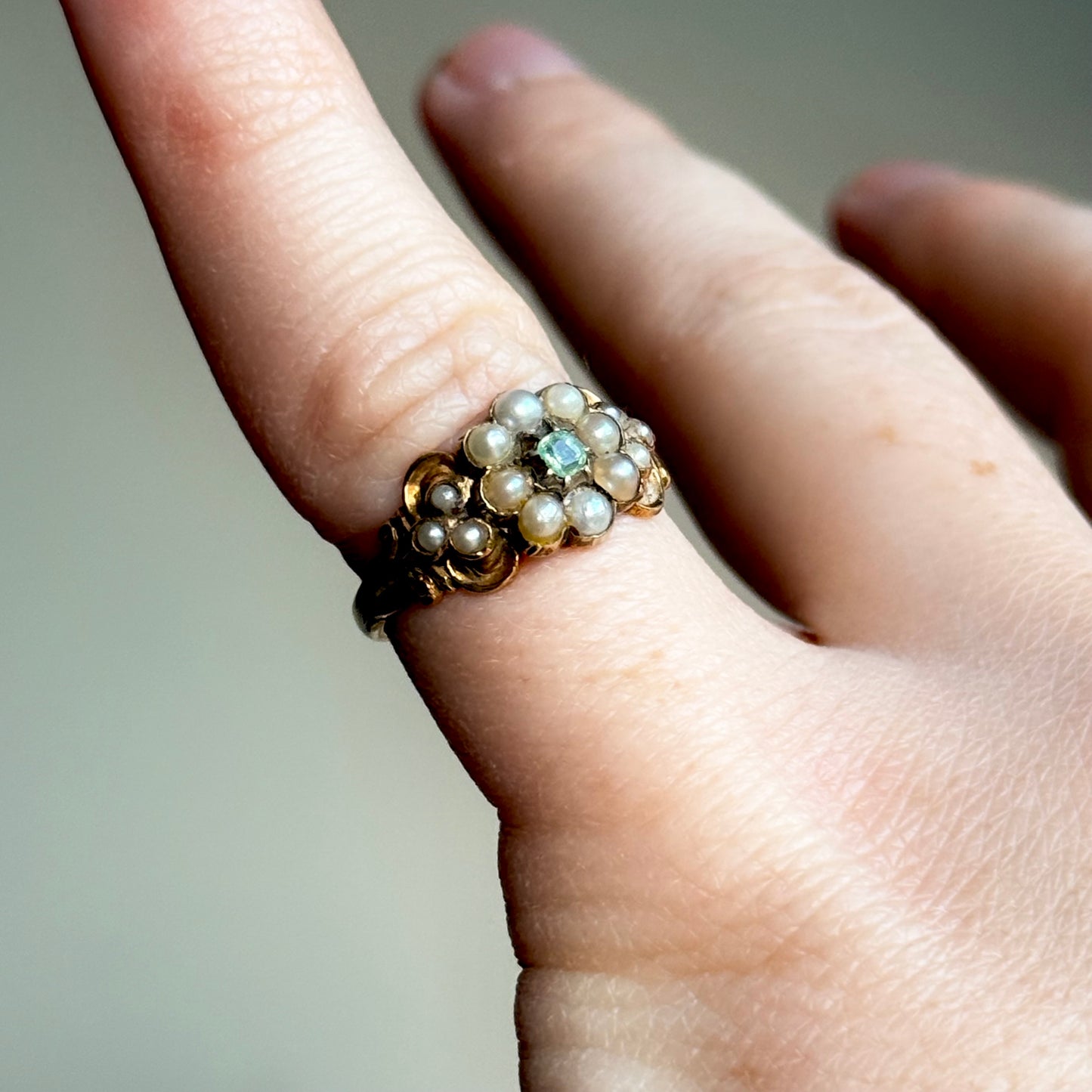 Antique Emerald & Pearl Ring in 9 Carat Gold; Circa 1850