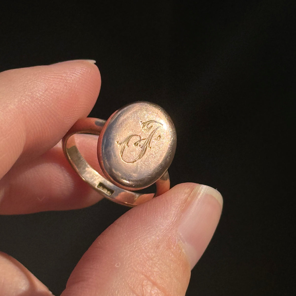 Antique 'J' Monogram Ring in 9 Carat Rose Gold; Circa 1900