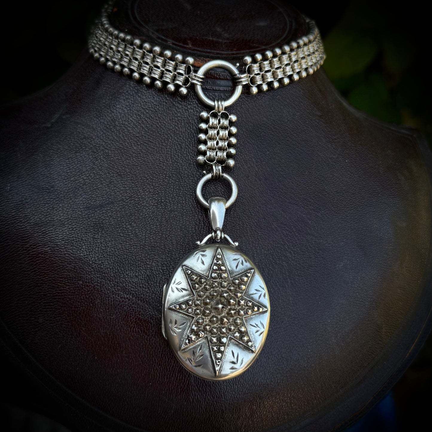 Antique Victorian Silver Locket Collar Necklace; Circa 1882