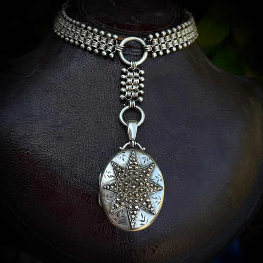 Antique Victorian Silver Locket Collar Necklace; Circa 1882