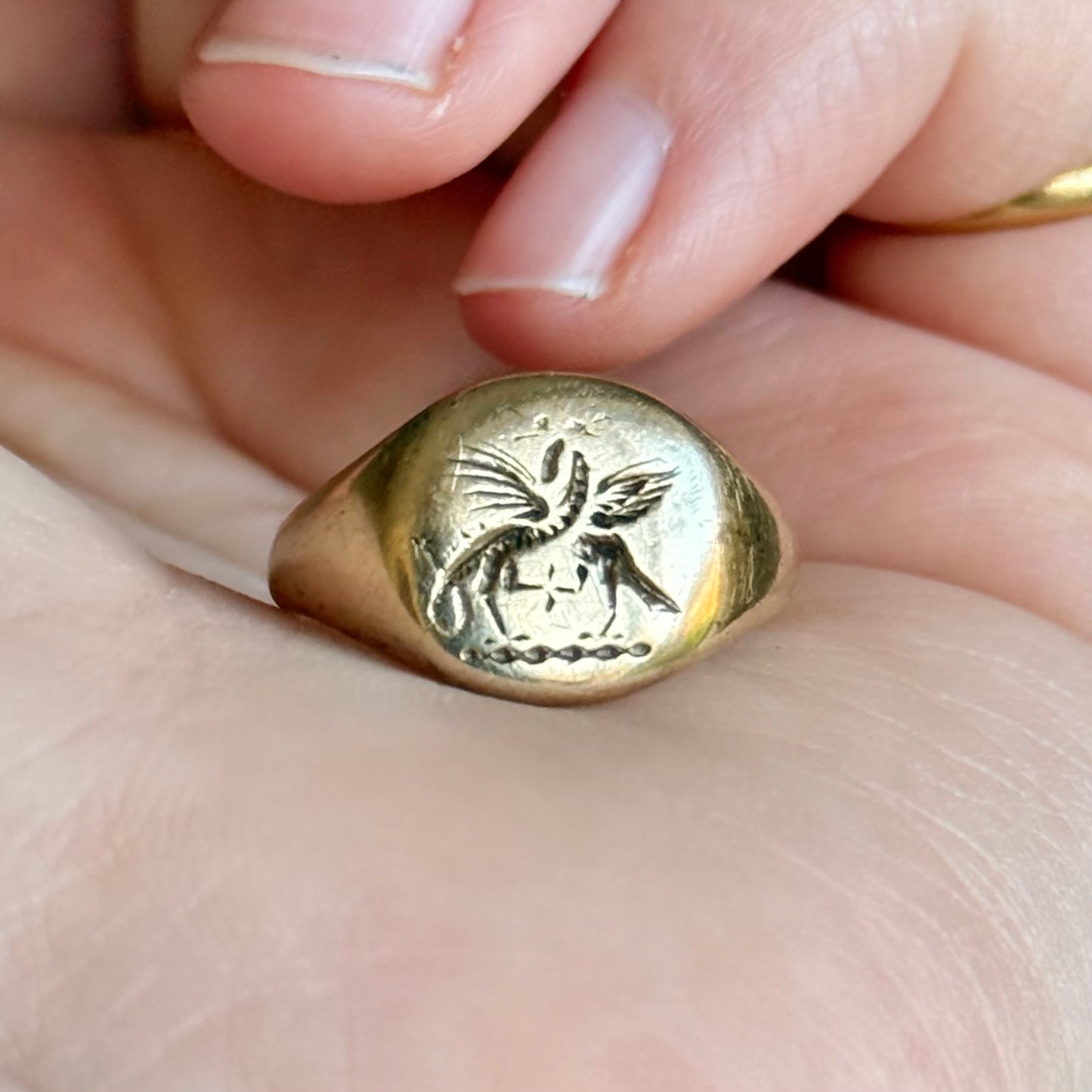 Vintage Duelling Dragons Signet Ring in 9 Carat Gold; Circa 1980