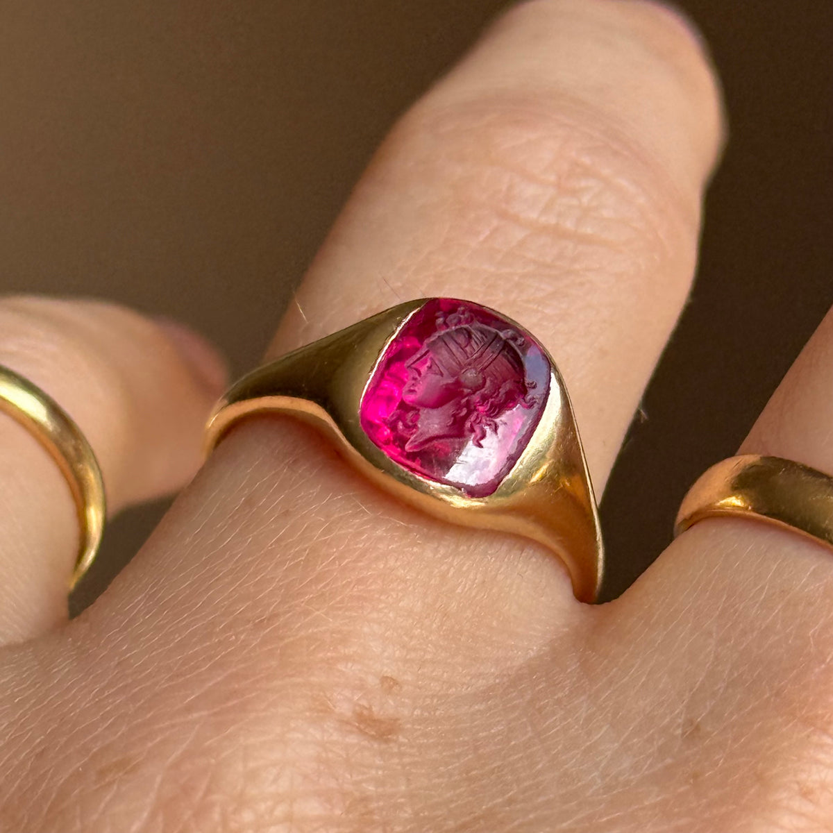 Antique Edwardian Goddess Intaglio Ring 18 Carat Gold; Circa 1900