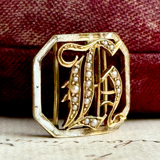 Antique Victorian Enamel and Pearl Letter 'H' Buckle Pendant in 9 Carat Gold