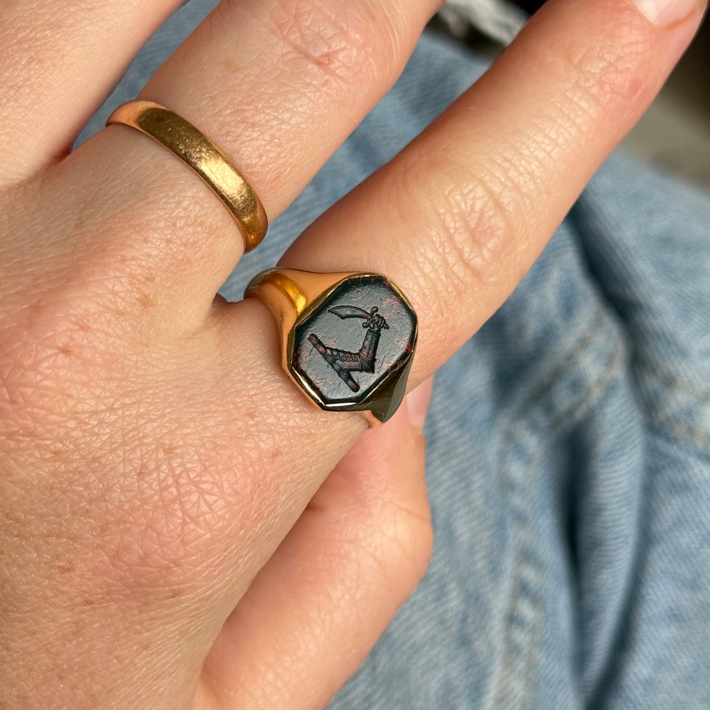 Antique Bloodstone Heraldic Signet Ring in 18 Carat Gold; Circa 1890