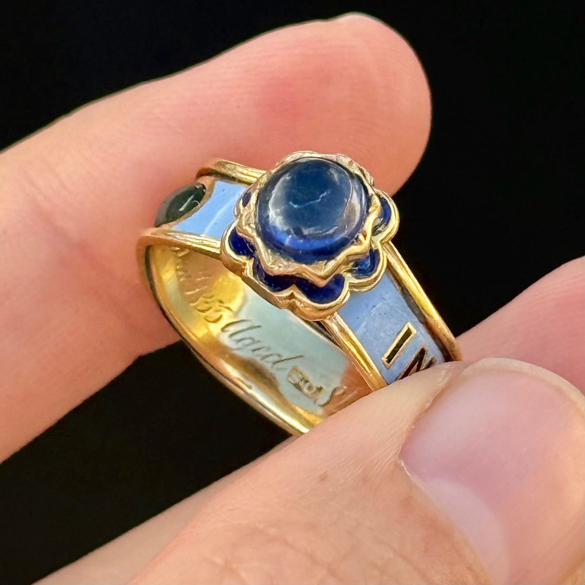 Victorian Sapphire Mourning Ring in 18 Carat Gold; circa 1852