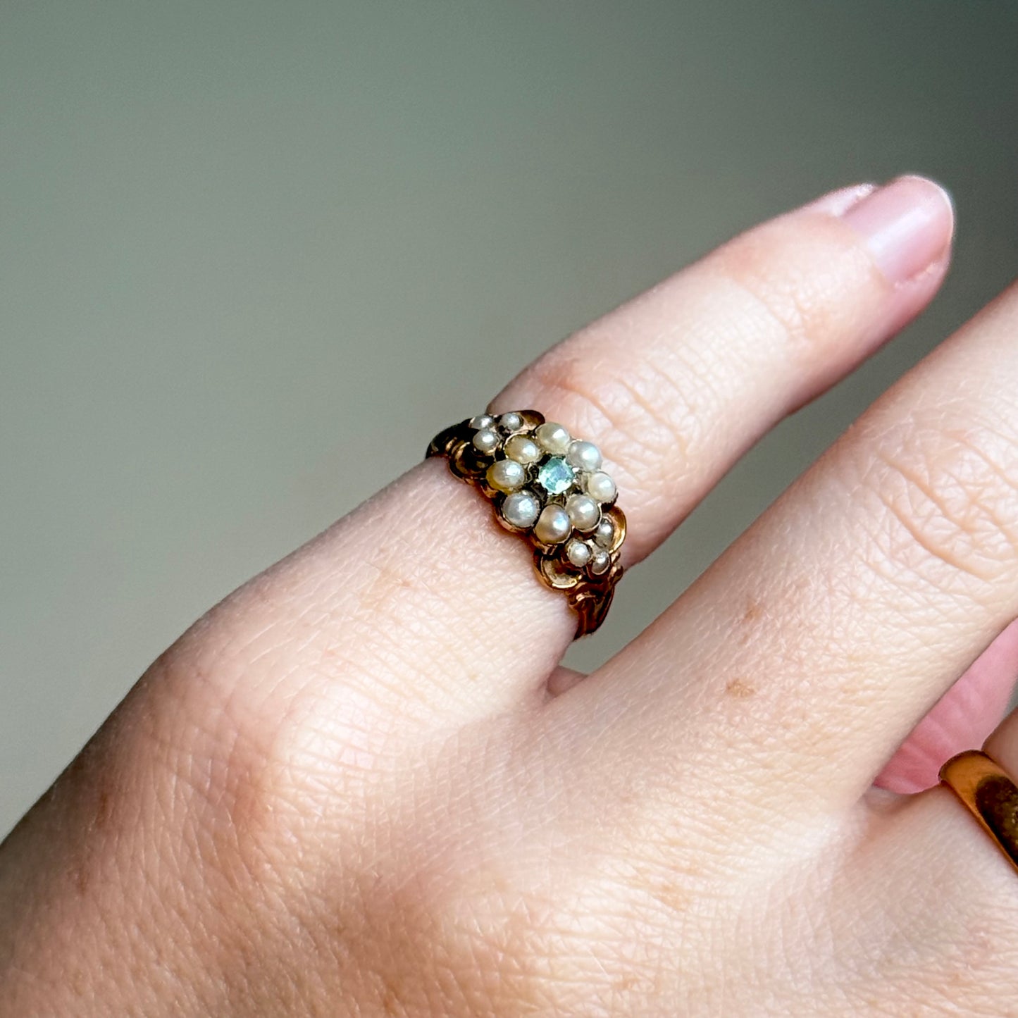 Antique Emerald & Pearl Ring in 9 Carat Gold; Circa 1850