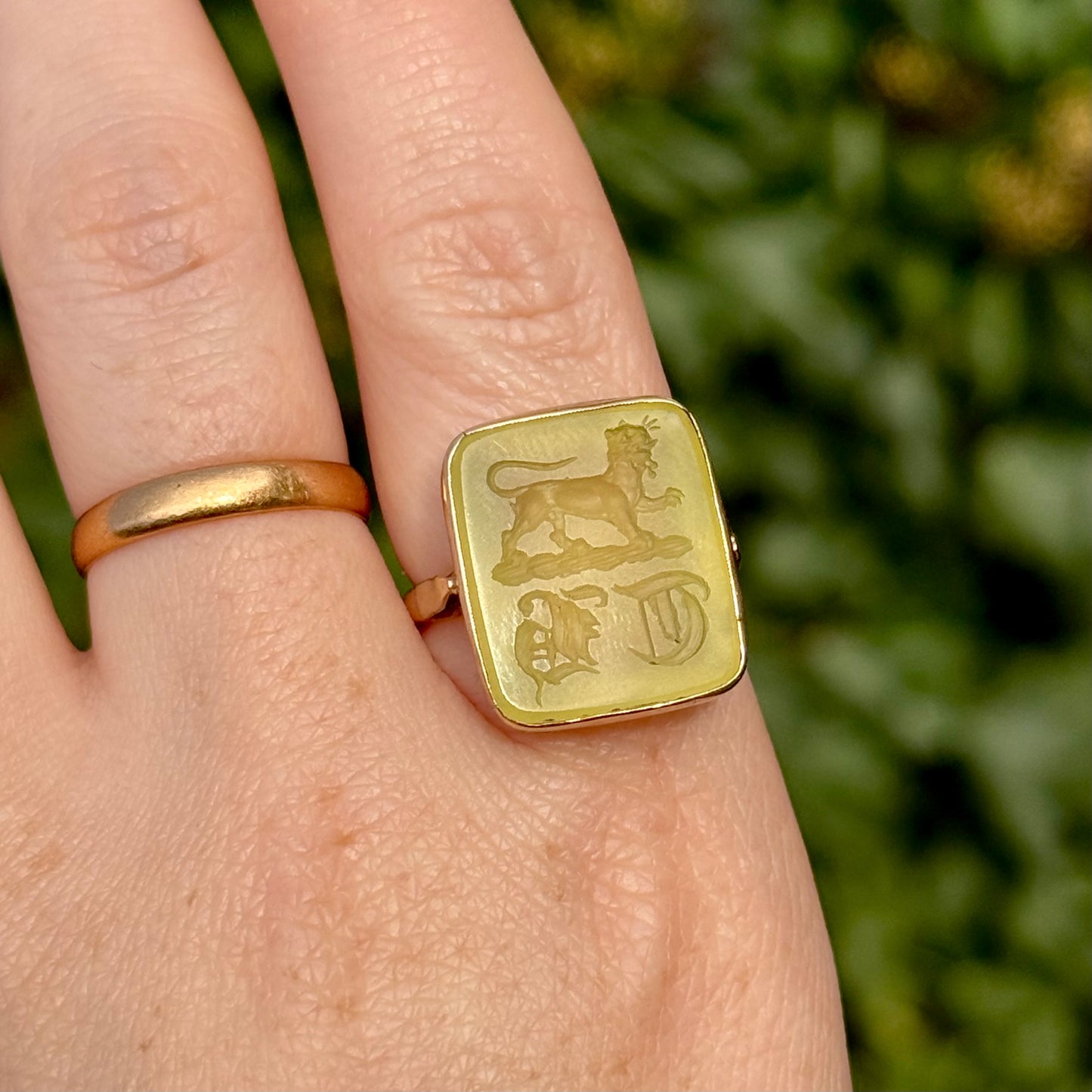 Antique Chrysoprase Intaglio Lion Ring in 9 Carat Gold; Circa 1900