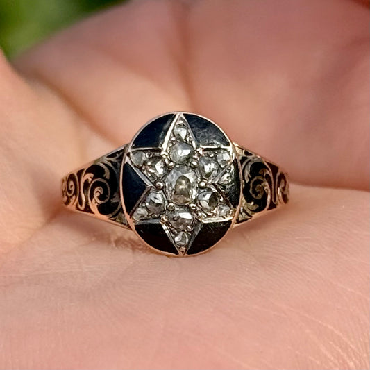 Antique Victorian Diamond Mourning Ring in 18 Carat Gold; Circa 1869