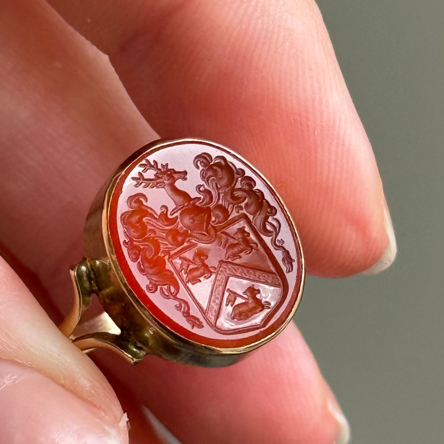 Vintage Ornate Carnelian Intaglio Ring in 9 Carat Gold; Circa 1989