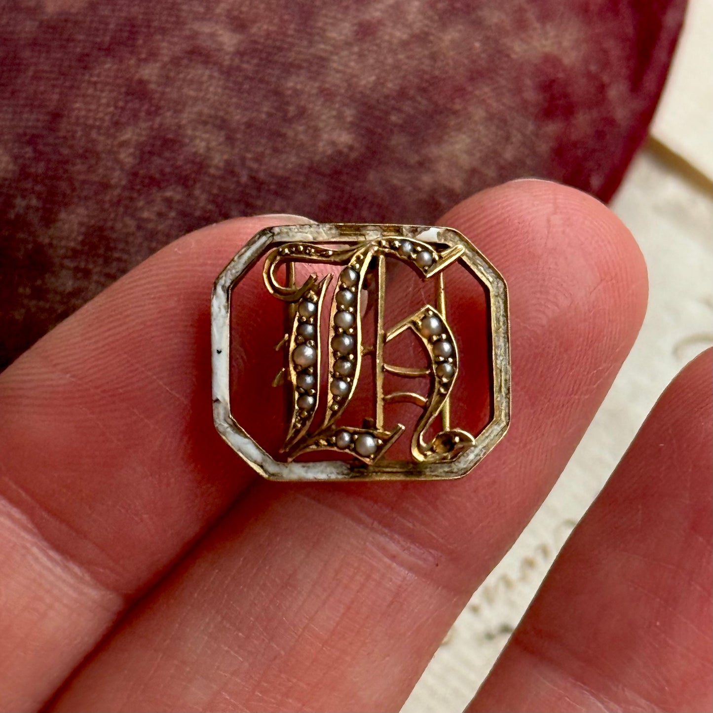 Antique Victorian Enamel and Pearl Letter 'H' Buckle Pendant in 9 Carat Gold
