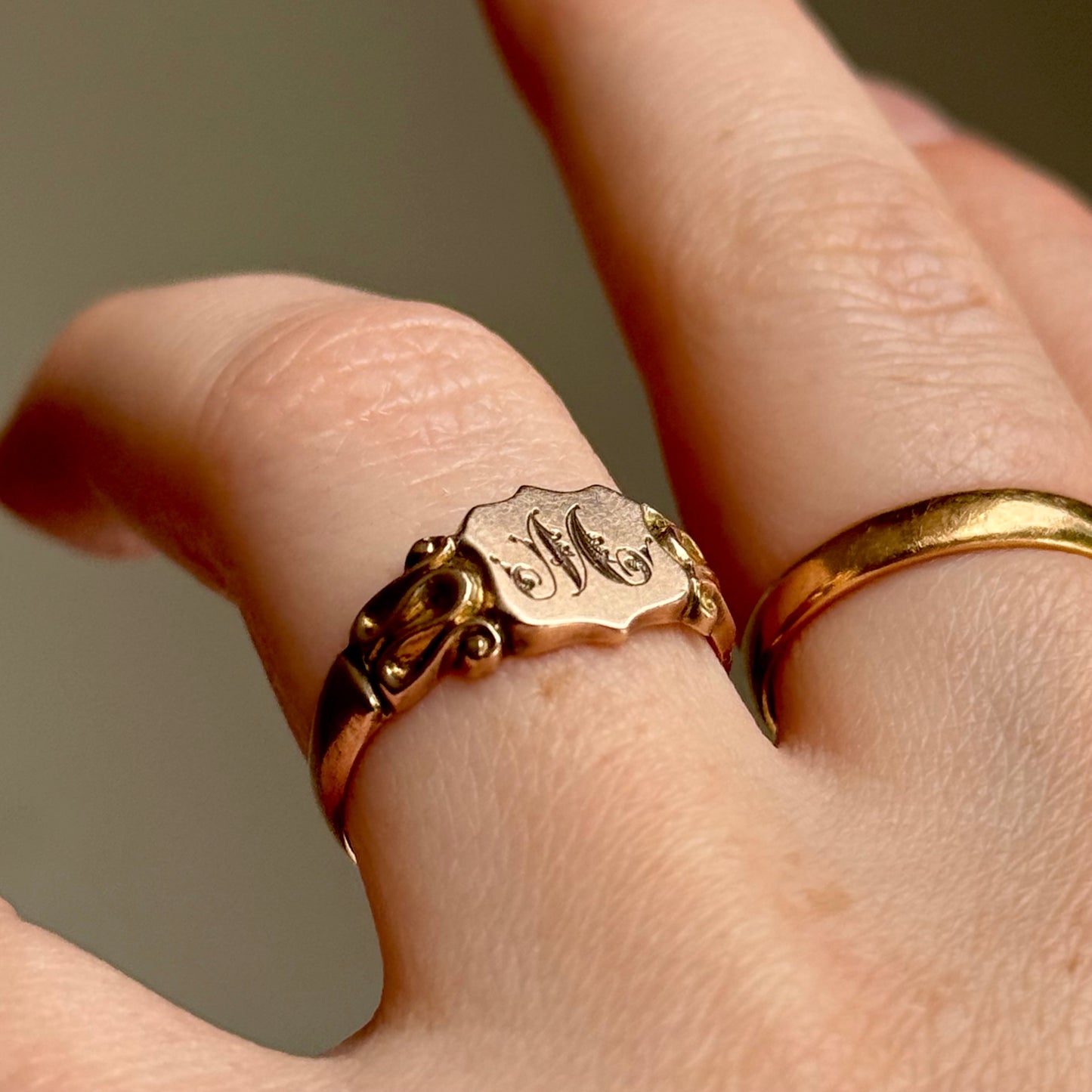 Antique Edwardian Initial 'M' Signet Ring in 9 Carat Gold; Circa 1910