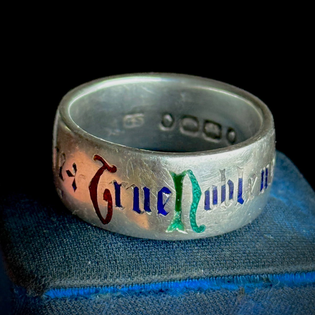 Victorian Enamel Quote Ring in Sterling Silver; Circa 1876