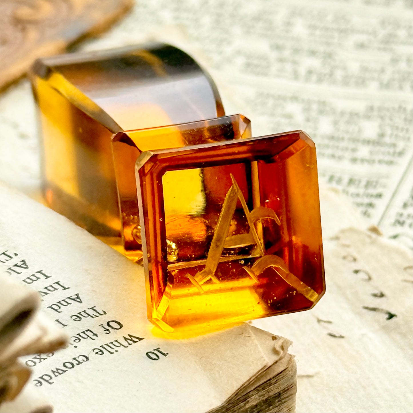 Antique Amber Glass Wax Seal Monogram 'A'