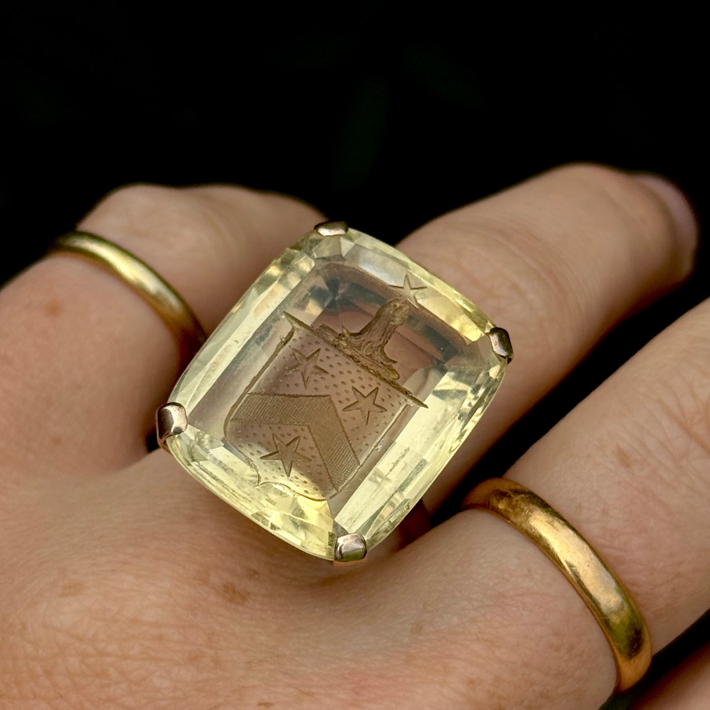 Substantial Vintage Citrine Heraldic Intaglio Ring