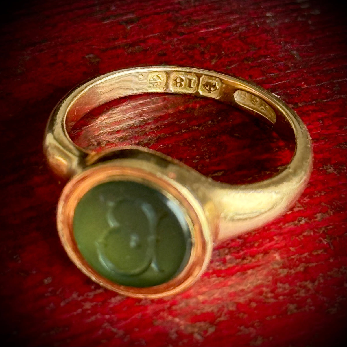 Antique Chalcedony 'B' Intaglio Ring in 18 Carat Gold; Circa 1880