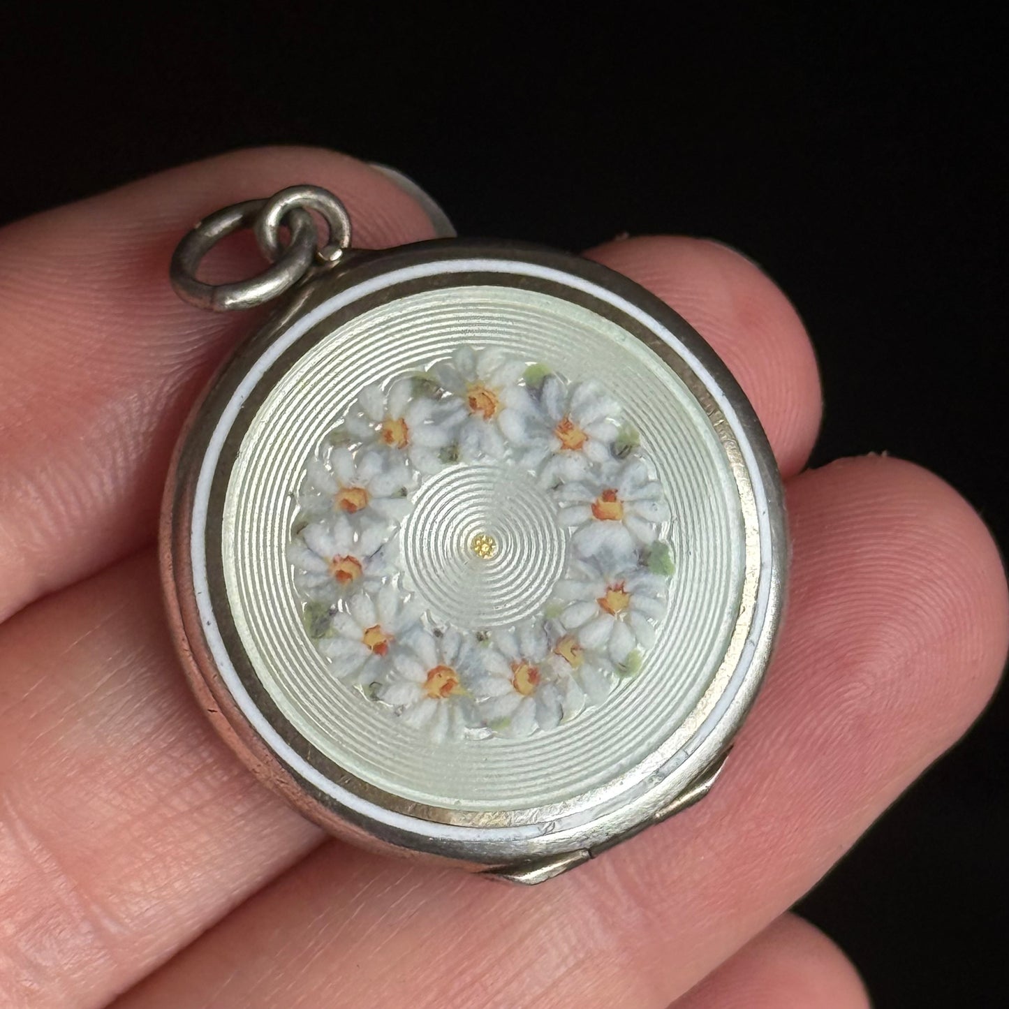 Antique Silver Daisy Wreath Guilloche Enamel Locket; Circa 1900