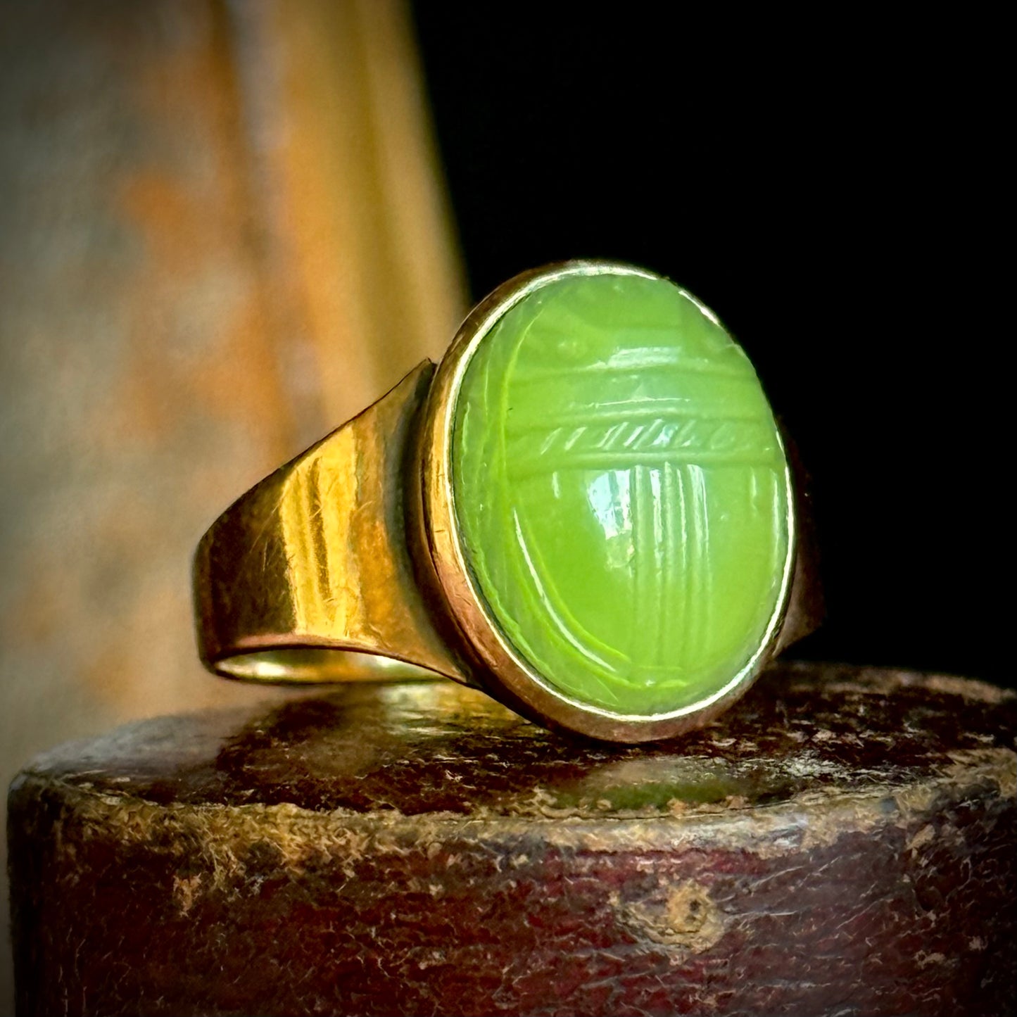 Antique Green Agate Scarab Ring in 9 Carat Gold