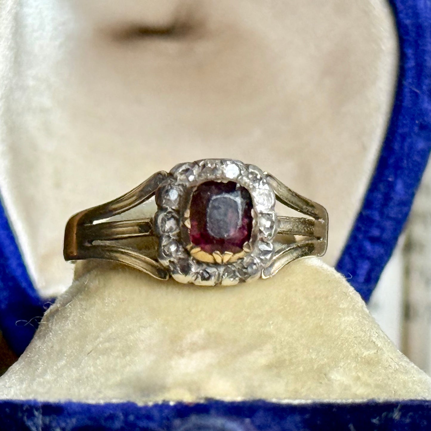 Antique Georgian Garnet & Diamond Ring in 15 Carat Gold; Circa 1830