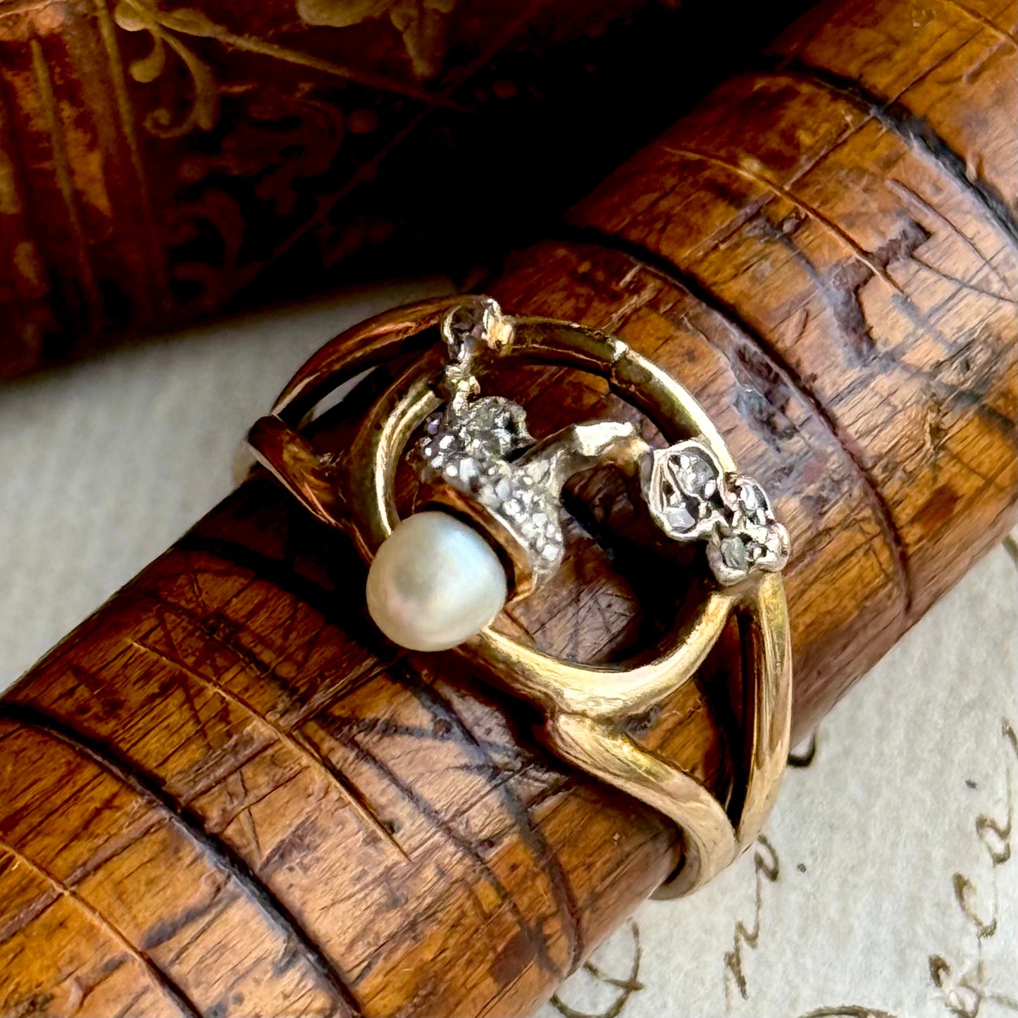 Antique Diamond & Pearl Acorn Ring in 9 Carat Gold