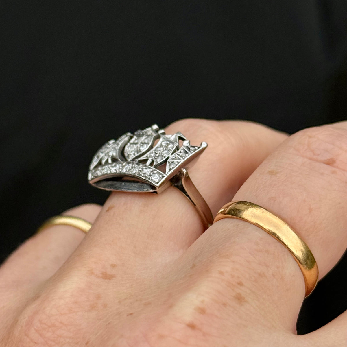 Antique Diamond Navy Sweetheart Ring 9 Carat Gold; Circa 1920