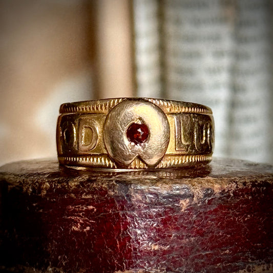 Antique Victorian Good Luck Garnet Ring in 18 Carat Gold; Circa 1855