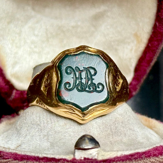 Victorian Bloodstone Intaglio Signet Ring in 18 Carat Gold; Circa 1880